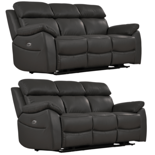 Two black leather recliner sofas on a white background