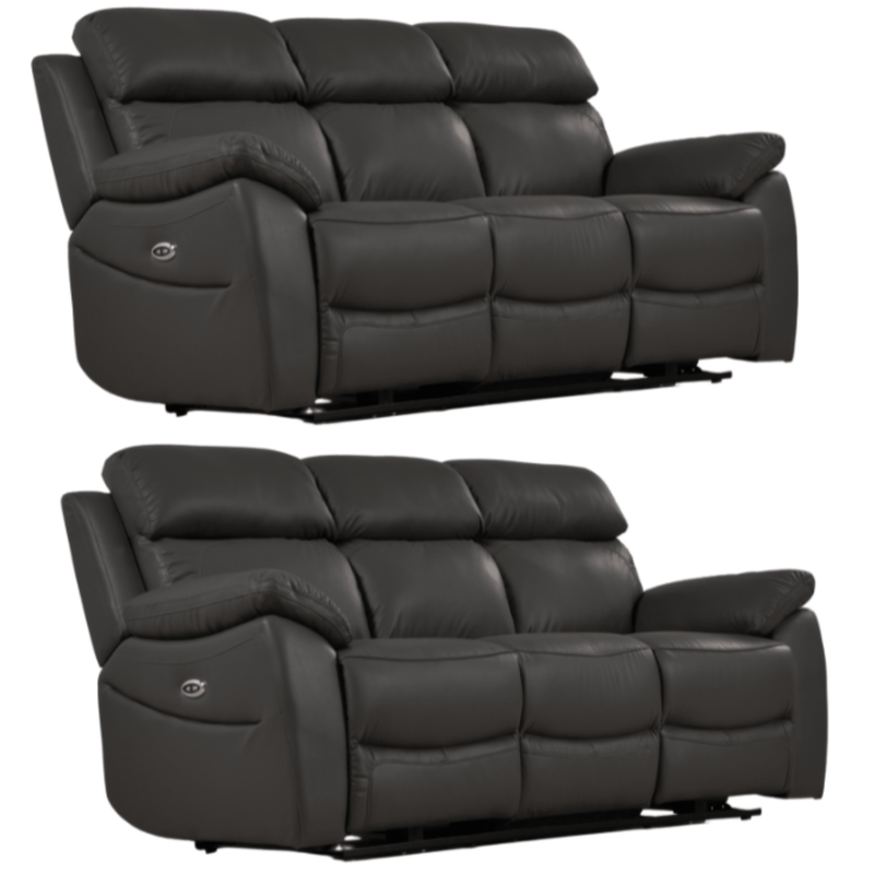 Two black leather recliner sofas on a white background