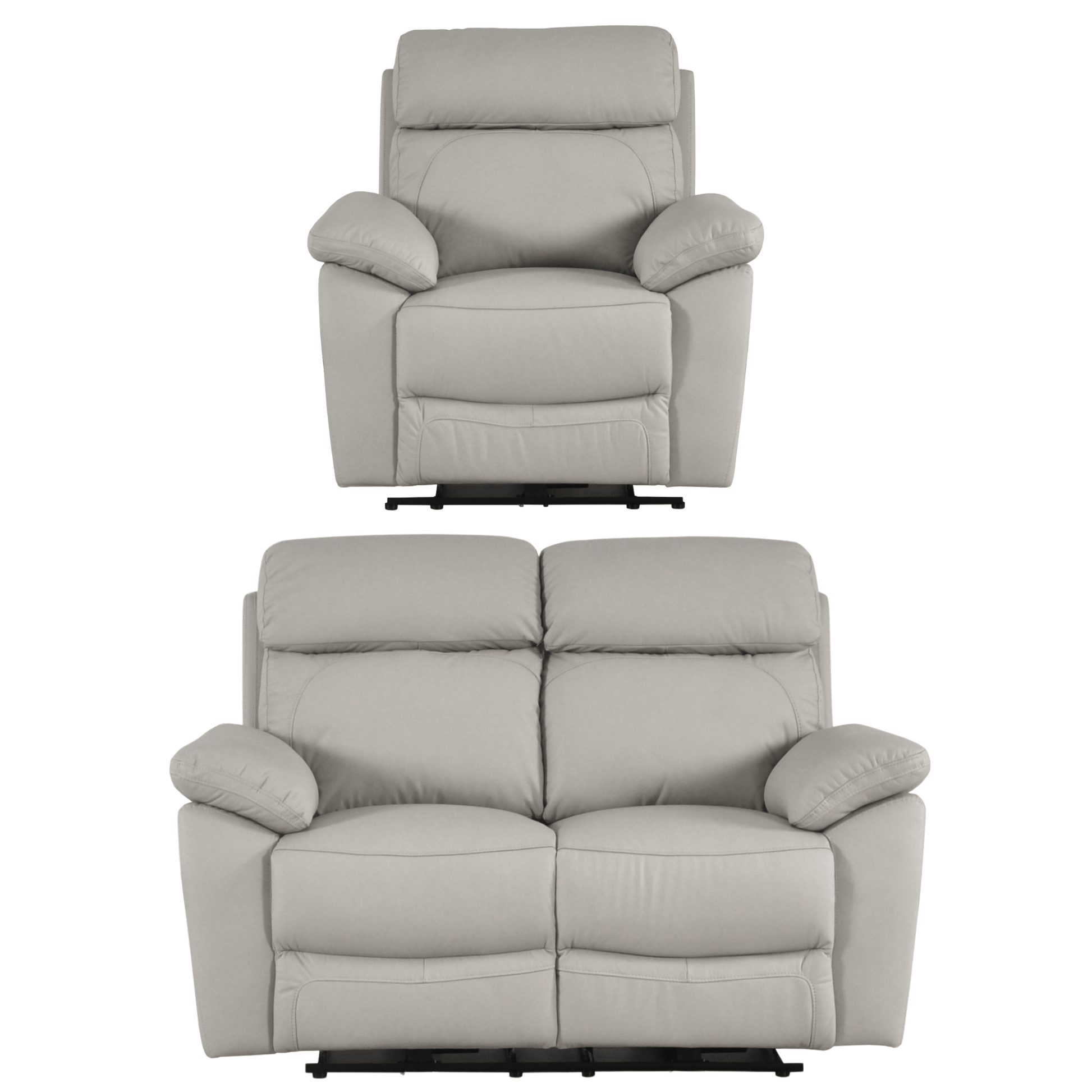 Gray recliner chair and loveseat set on a white background