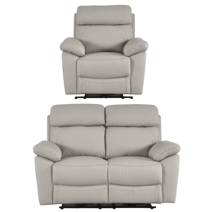 Gray recliner chair and loveseat set on a white background