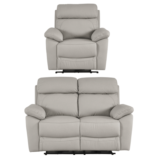 Gray recliner chair and loveseat set on a white background