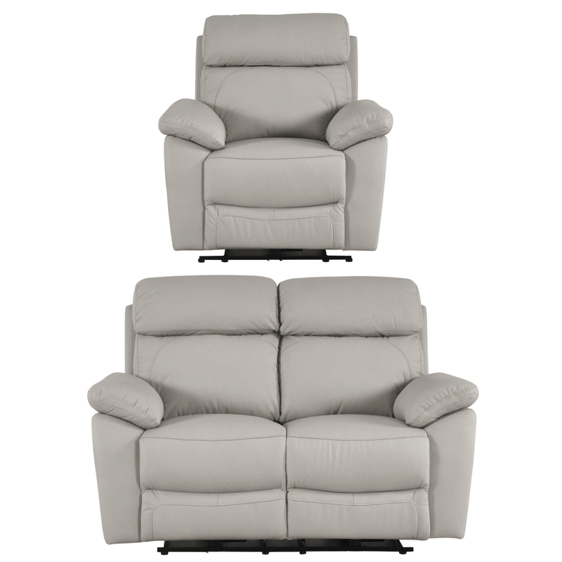 Gray recliner chair and loveseat set on a white background