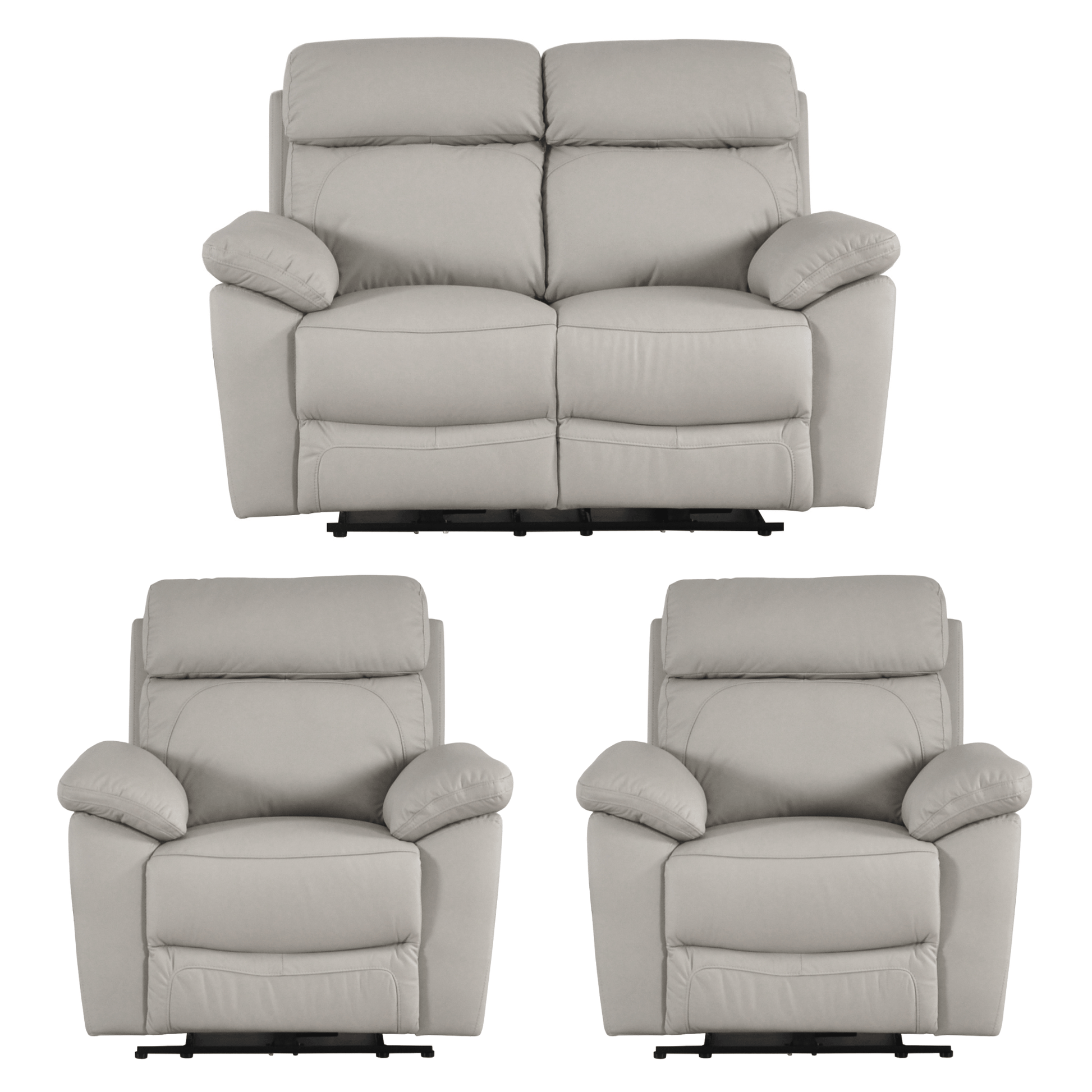 Gray recliner sofa set with two matching armchairs on a white background