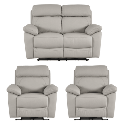 Gray recliner sofa set with two matching armchairs on a white background