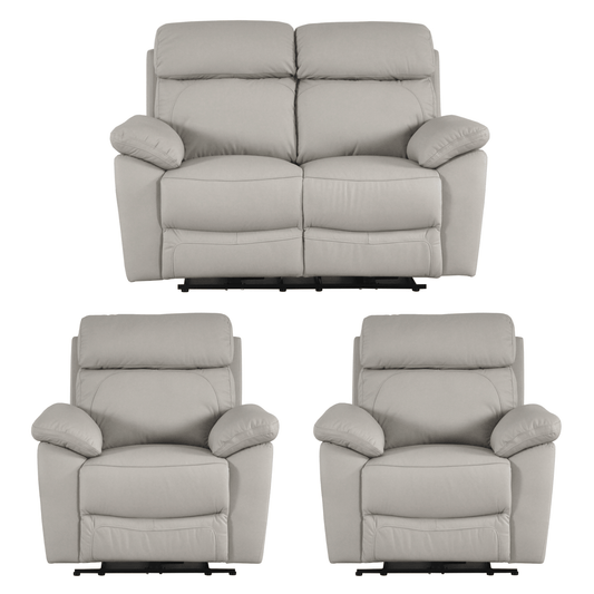 Gray recliner sofa set with two matching armchairs on a white background