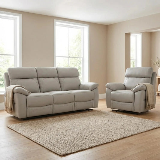 Dandrea Genuine Leather Light Grey Electric Power Recliner 3+1 Seater Sofa Set - Furniture Instore