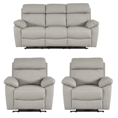 Gray sofa set with two recliner chairs on a white background