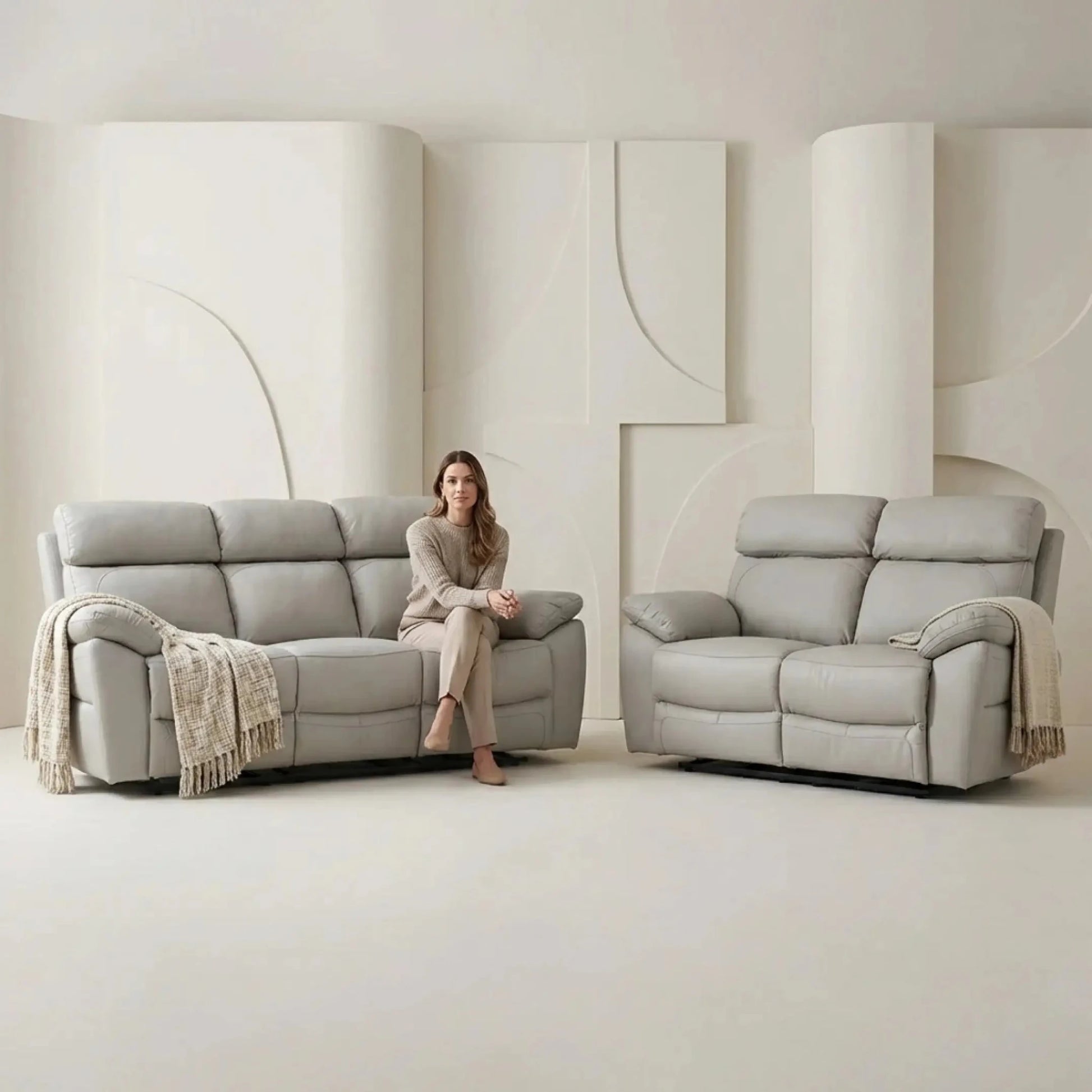 Dandrea Genuine Leather Light Grey Electric Power Recliner 3+2 Seater Sofa Set - Furniture Instore