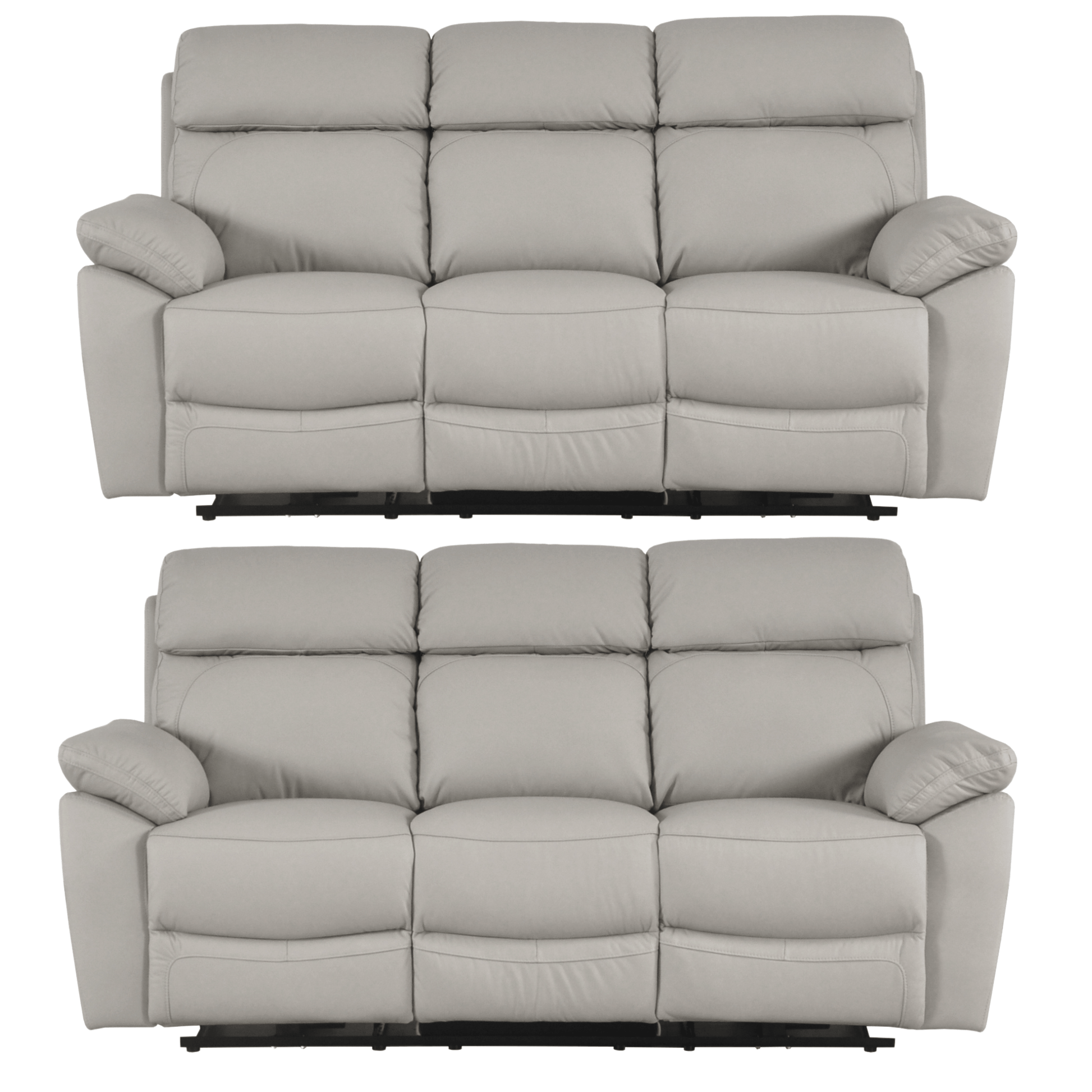 Two gray reclining sofas on a white background