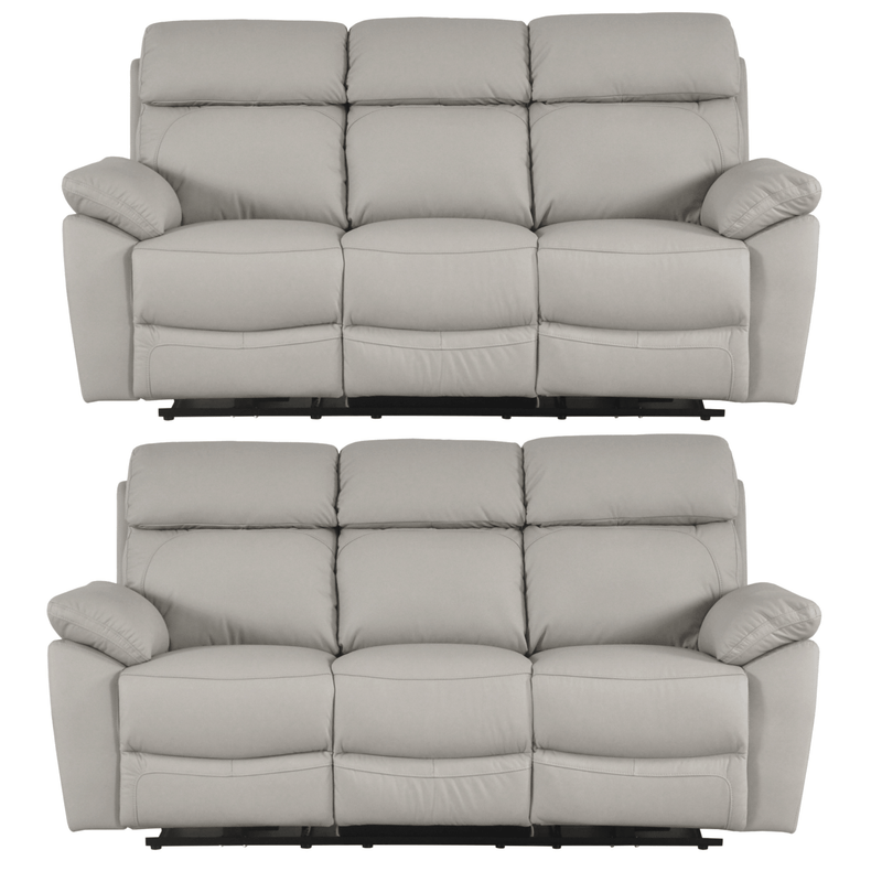 Two gray reclining sofas on a white background