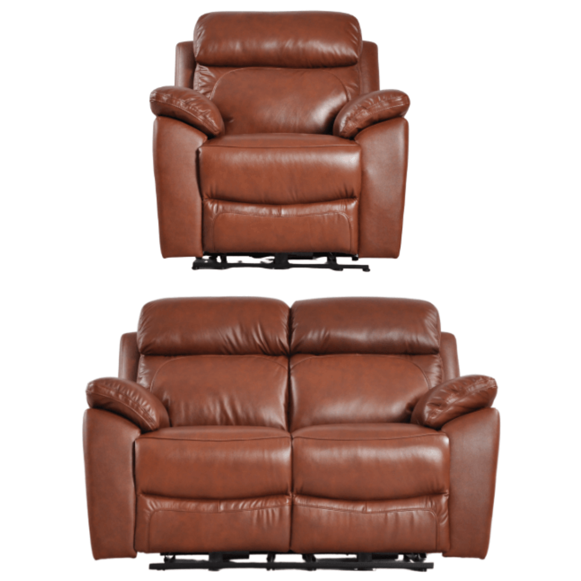 Brown leather recliner chair and loveseat on a white background