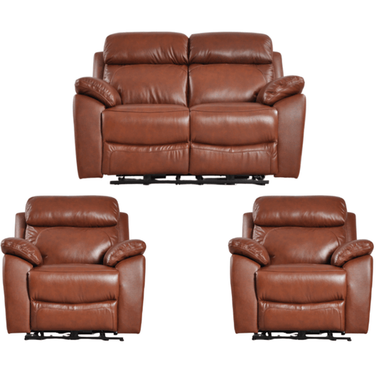 Brown leather recliner sofa set on a white background