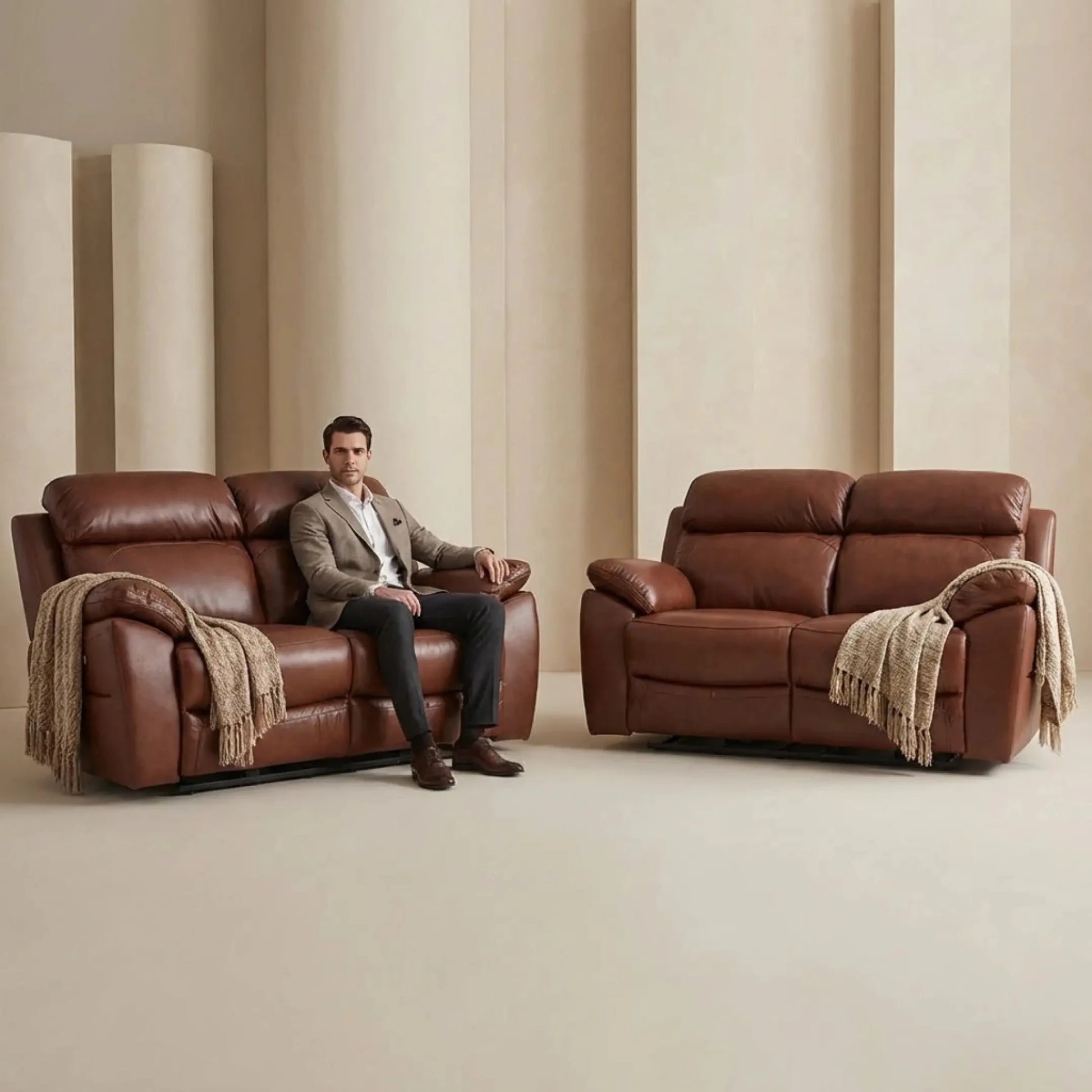 Dandrea Genuine Leather Tan Electric Power Recliner 2+2 Seater Sofa Set - Furniture Instore