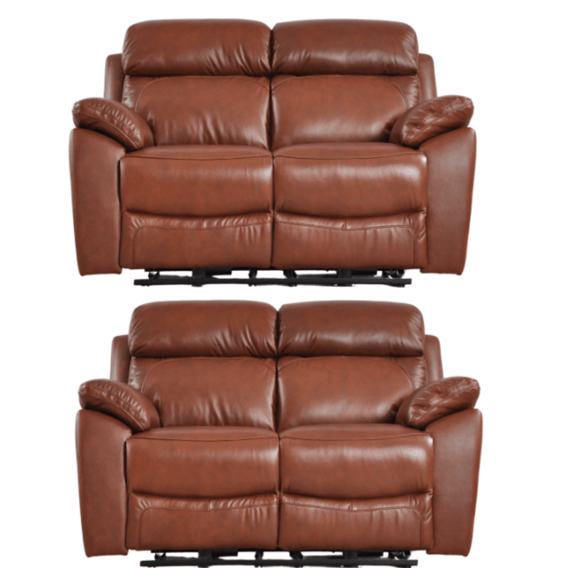 Two brown leather recliners on a white background