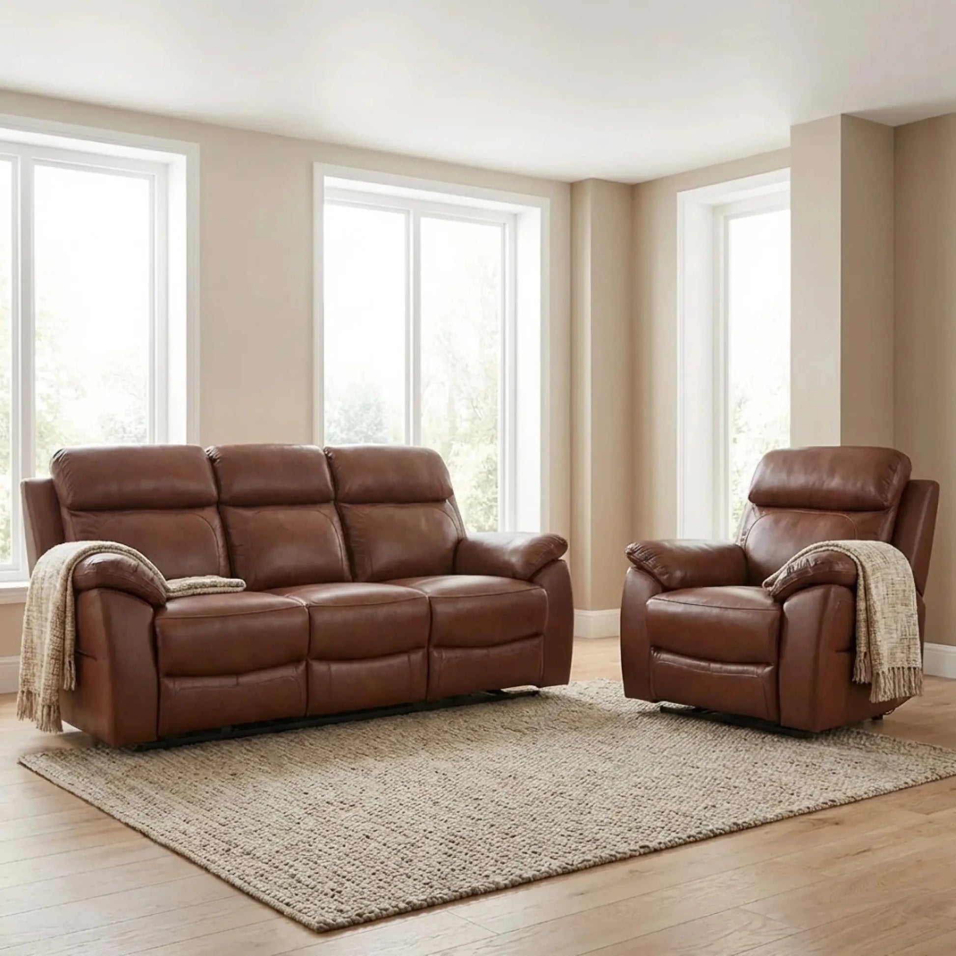 Dandrea Genuine Leather Tan Electric Power Recliner 3+1 Seater Sofa Set - Furniture Instore
