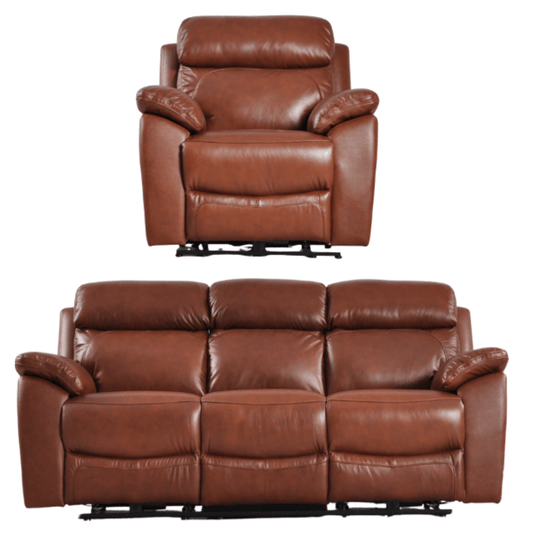 Brown leather recliner chair and sofa set on a white background