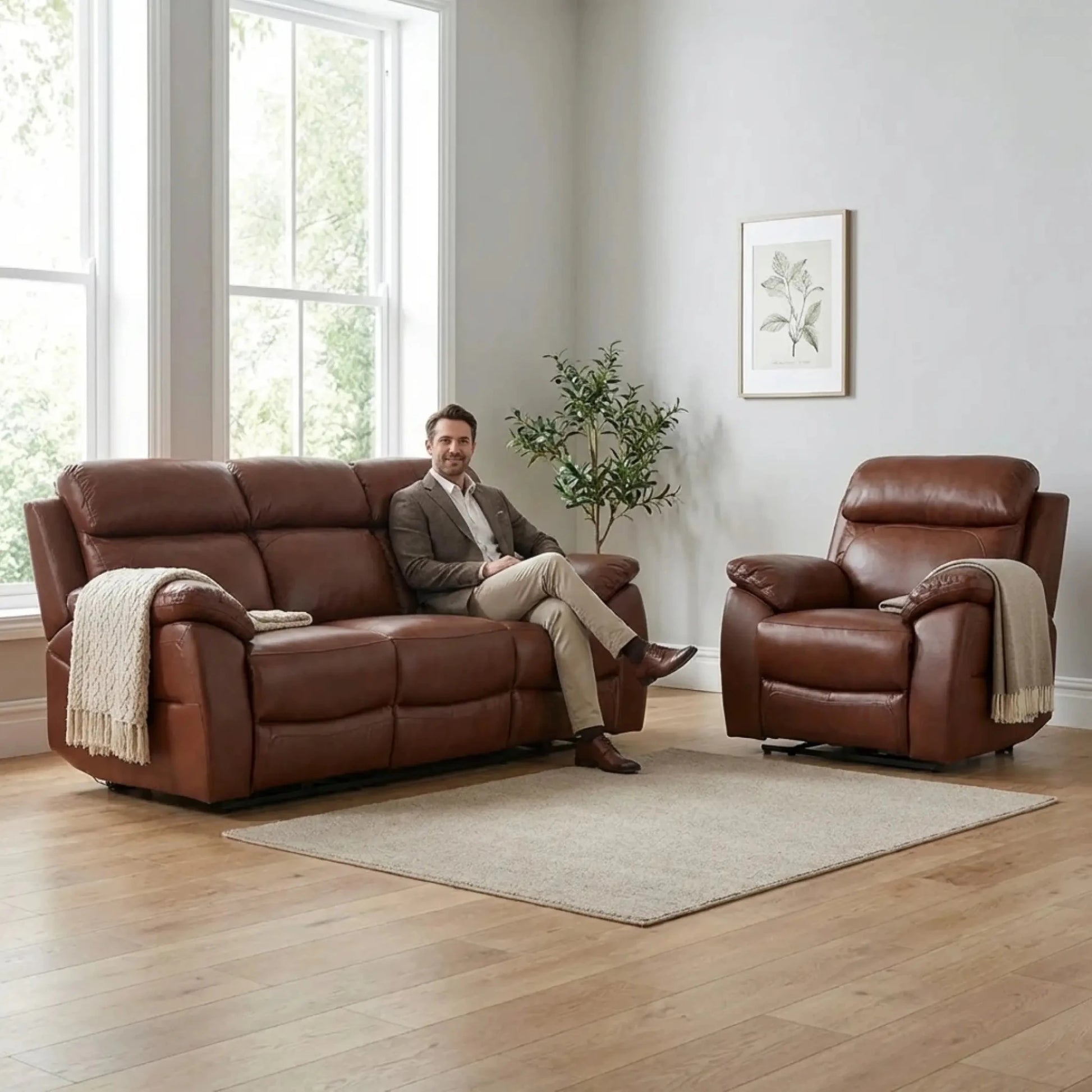 Dandrea Genuine Leather Tan Electric Power Recliner 3+1 Seater Sofa Set - Furniture Instore