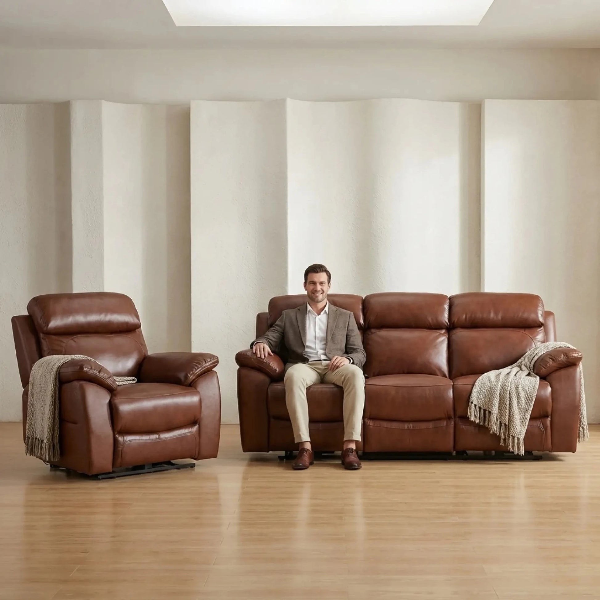 Dandrea Genuine Leather Tan Electric Power Recliner 3+1 Seater Sofa Set - Furniture Instore