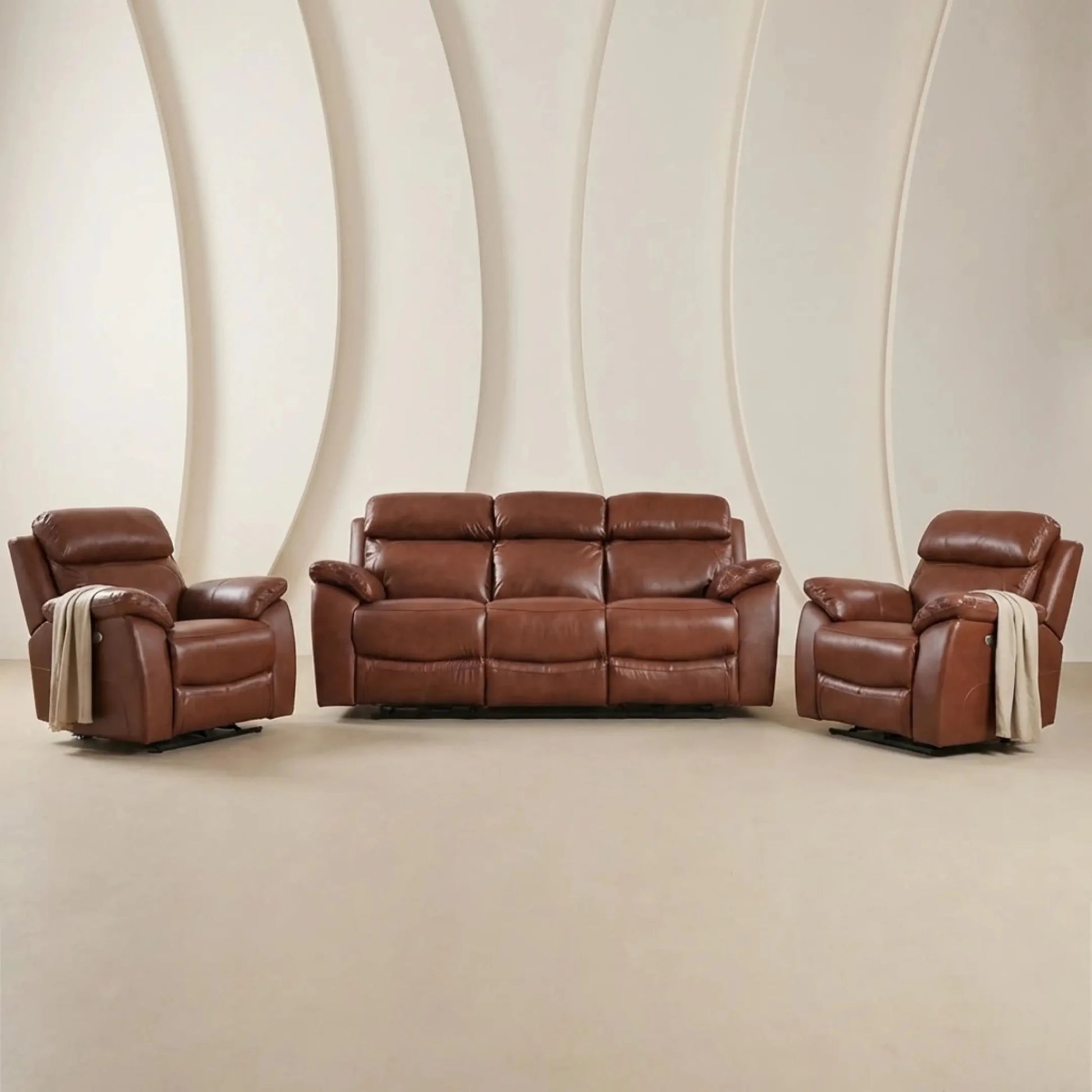Dandrea Genuine Leather Tan Electric Power Recliner 3+1+1 Seater Sofa Set - Furniture Instore