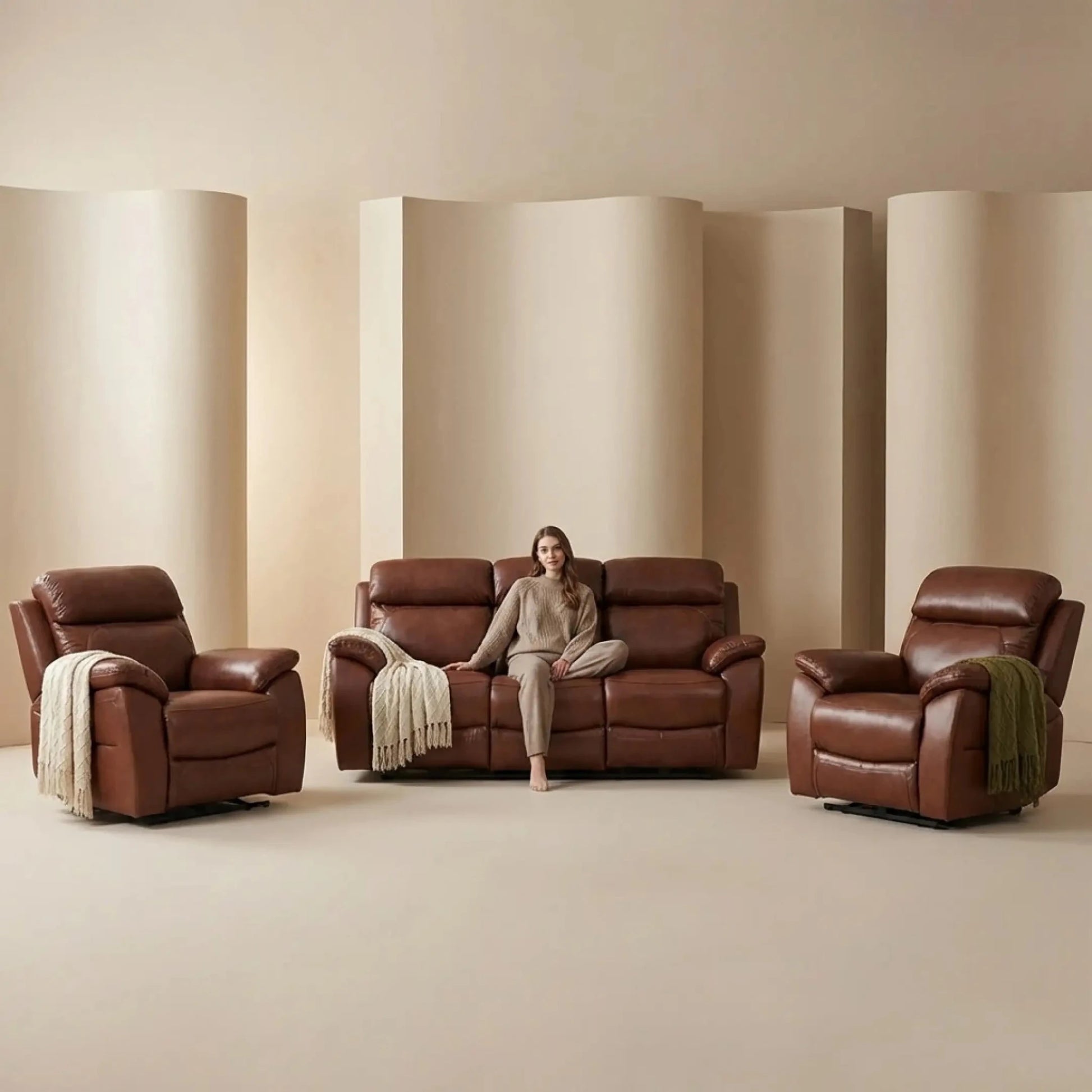 Dandrea Genuine Leather Tan Electric Power Recliner 3+1+1 Seater Sofa Set - Furniture Instore