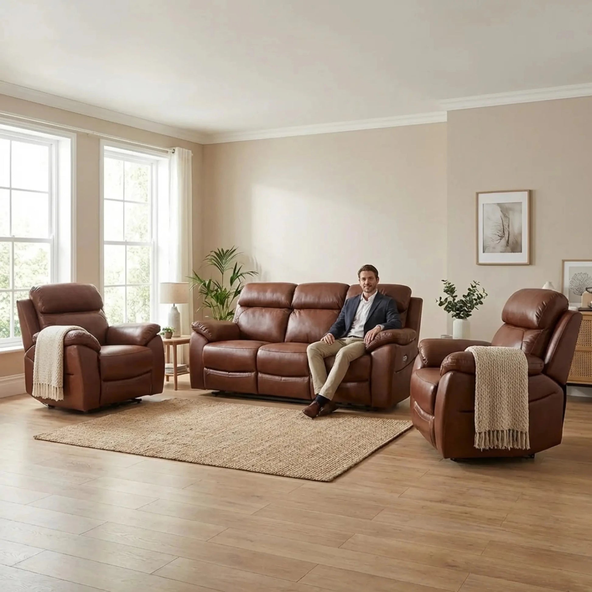 Dandrea Genuine Leather Tan Electric Power Recliner 3+1+1 Seater Sofa Set - Furniture Instore