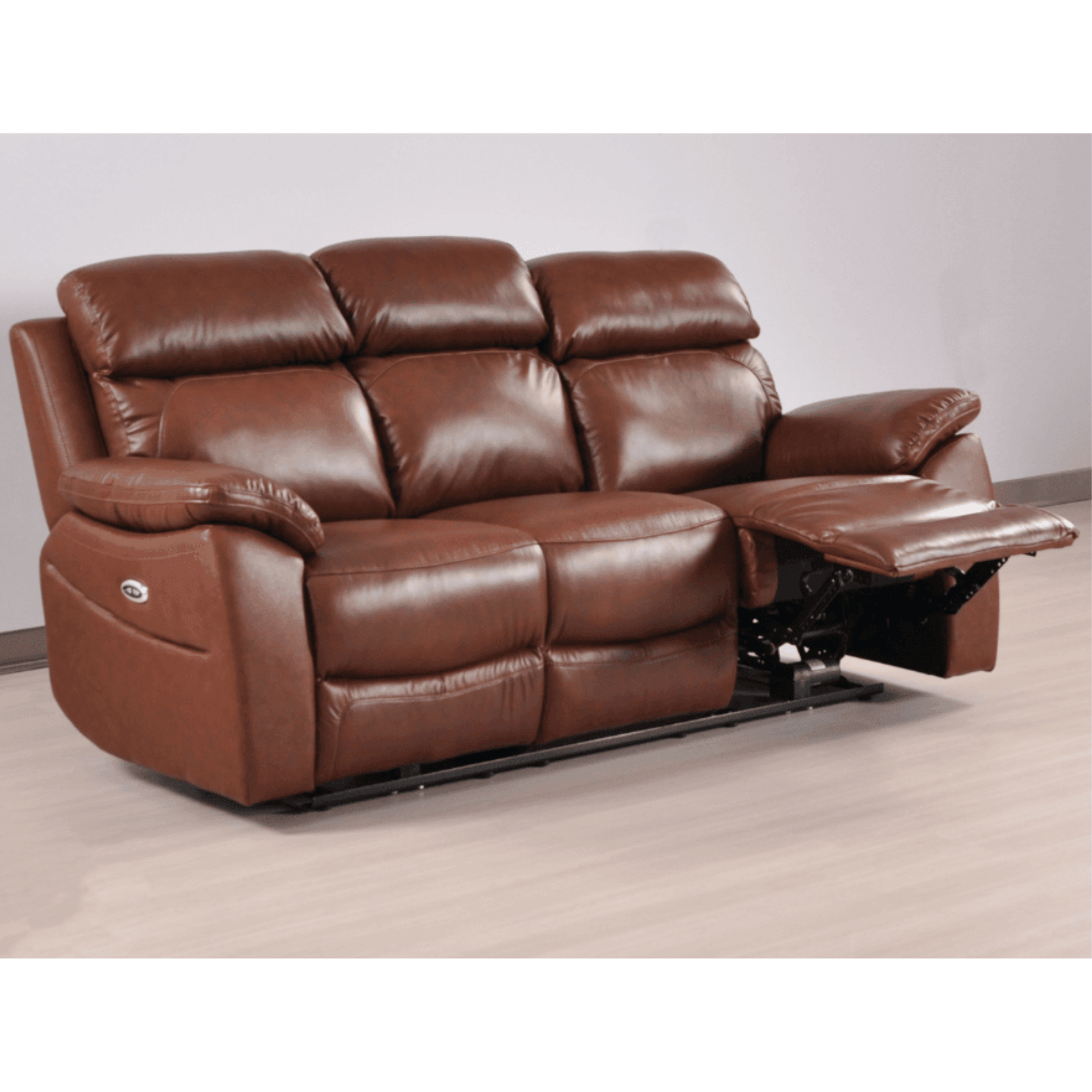Brown leather recliner sofa on a plain background