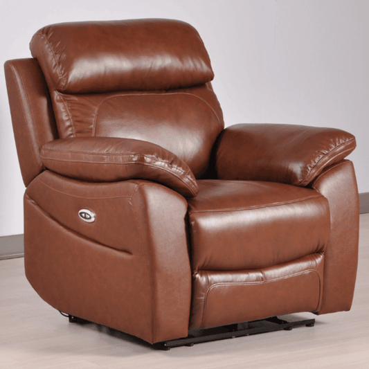 Brown leather recliner chair on a light gray background