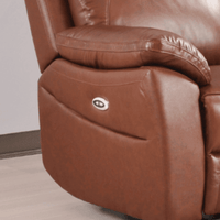 Brown leather recliner chair with visible brand logo on a neutral background