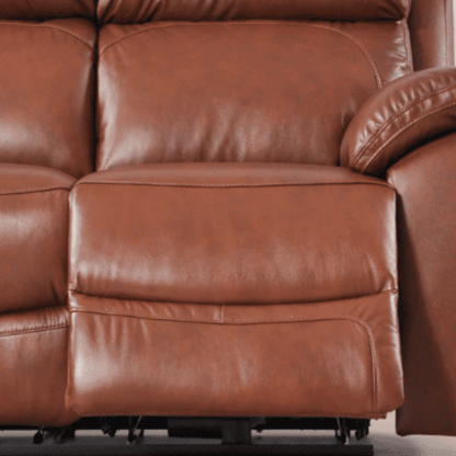 Brown leather recliner sofa with visible wear and tear.