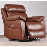 Brown leather recliner chair on a light gray background