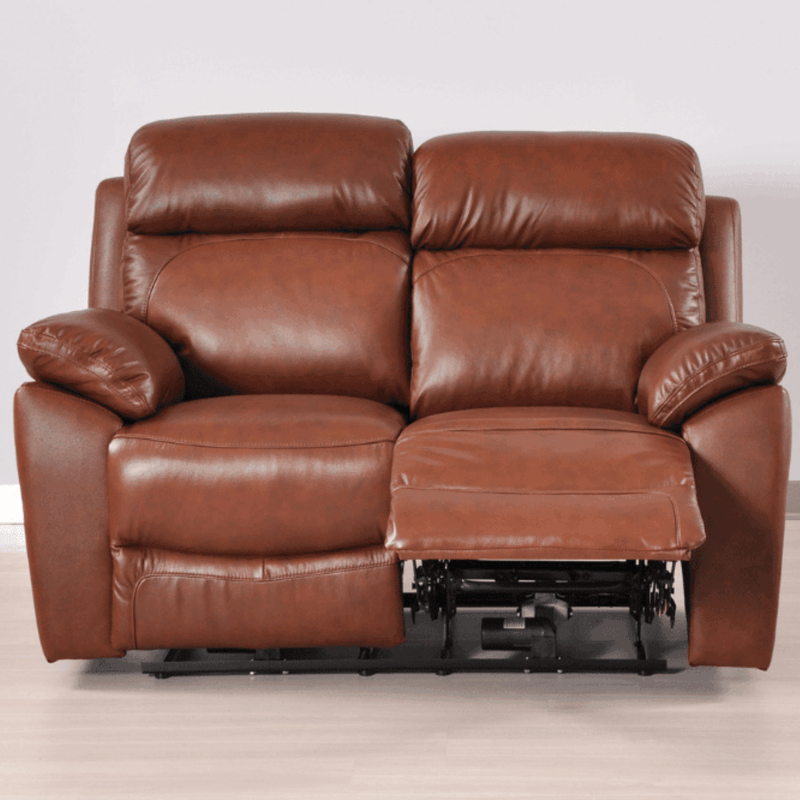 Brown leather reclining sofa on a light background