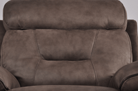 Closeup of Foster brown fabric electric recliner 1 seater showing detailed upholstery