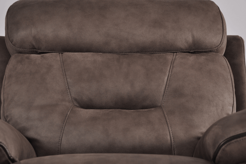 Closeup of Foster brown fabric electric recliner 1 seater showing detailed upholstery