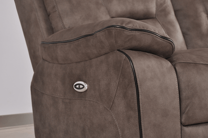 Brown fabric electric recliner armchair closeup showcasing plush cushioning and electric controls
