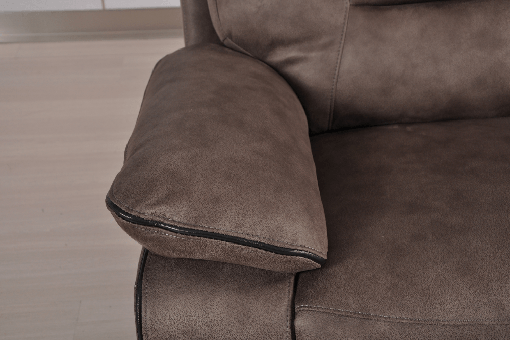 Closeup of Foster brown fabric electric recliner 2 seater sofa highlighting stitching and texture