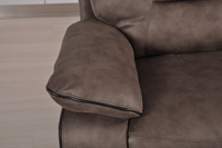 Closeup of Foster brown fabric electric recliner 2 seater sofa highlighting stitching and texture
