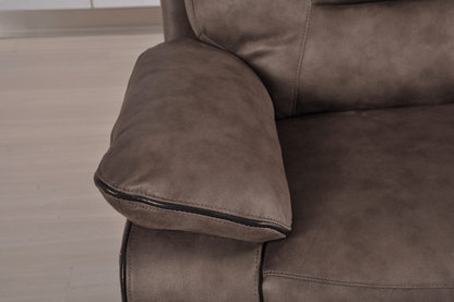 Closeup of Foster brown fabric electric recliner 2 seater sofa highlighting stitching and texture