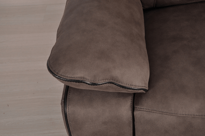 Closeup image of brown fabric 2 seater recliner sofa with focus on armrests and cushion detail