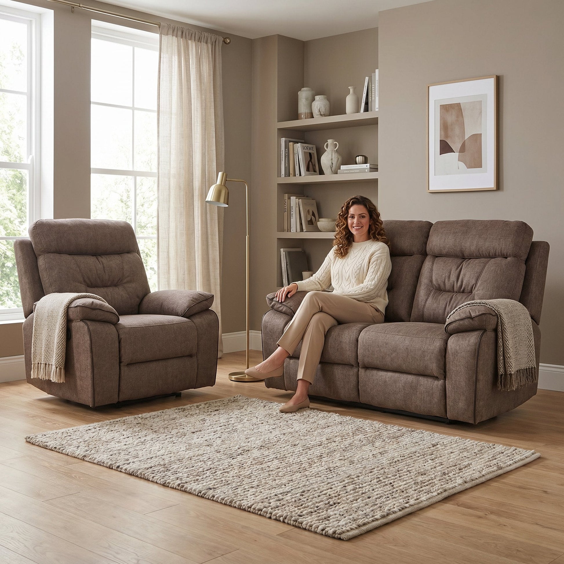 Foster Brown Fabric Electric Recliner 2+1 Seater Sofa Set - Furniture Instore