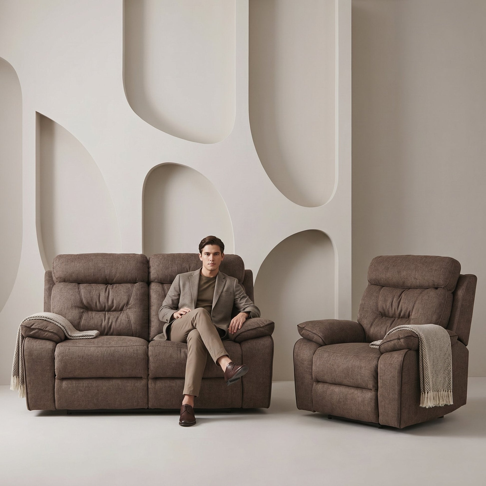 Foster Brown Fabric Electric Recliner 2+1 Seater Sofa Set - Furniture Instore