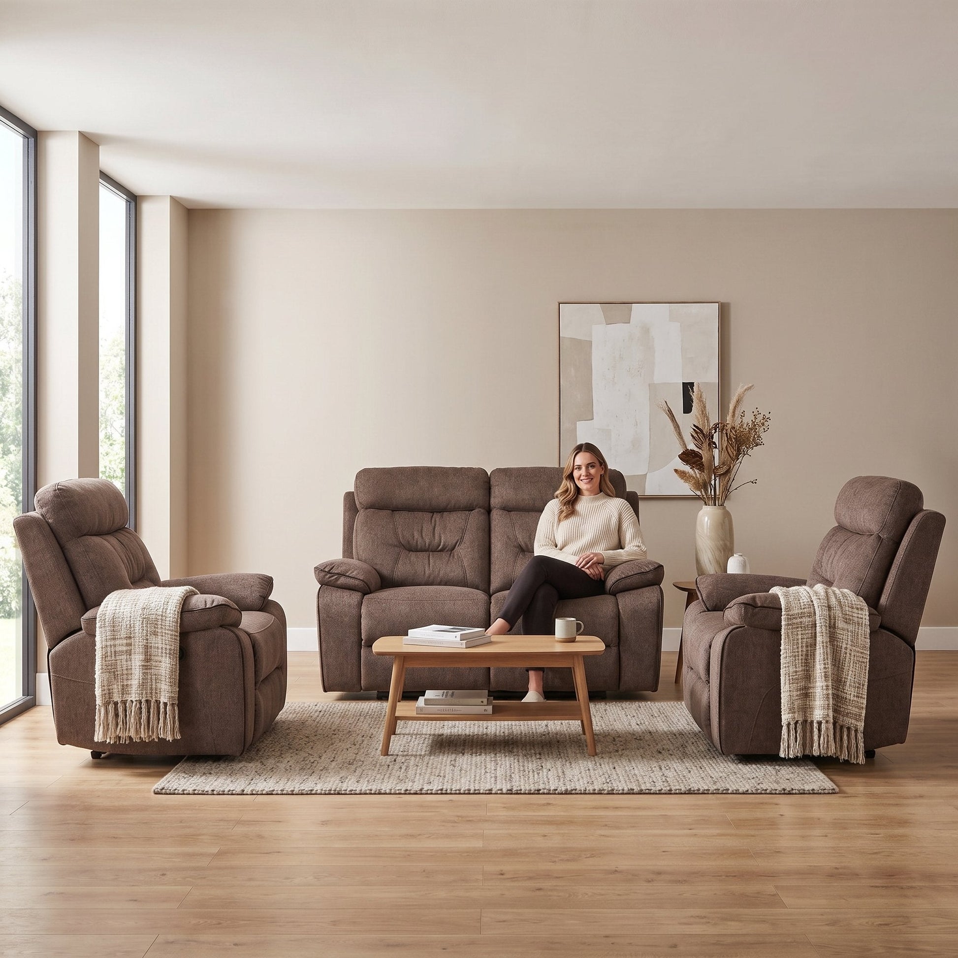 Foster Brown Fabric Electric Recliner 2+1+1 Seater Sofa Set - Furniture Instore
