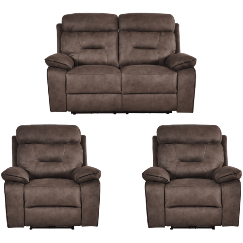 Brown reclining sofa set with two armchairs on a white background