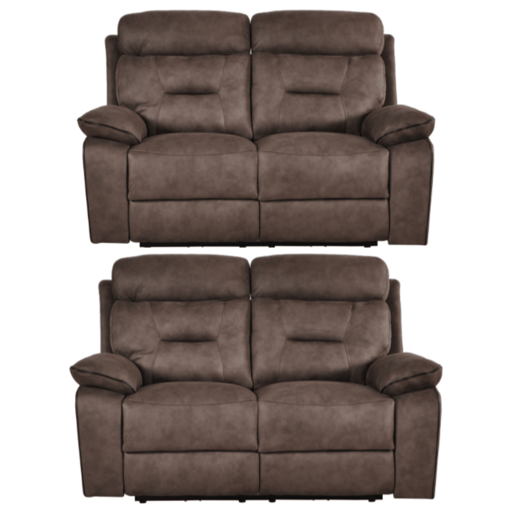 Two brown reclining sofas on a white background