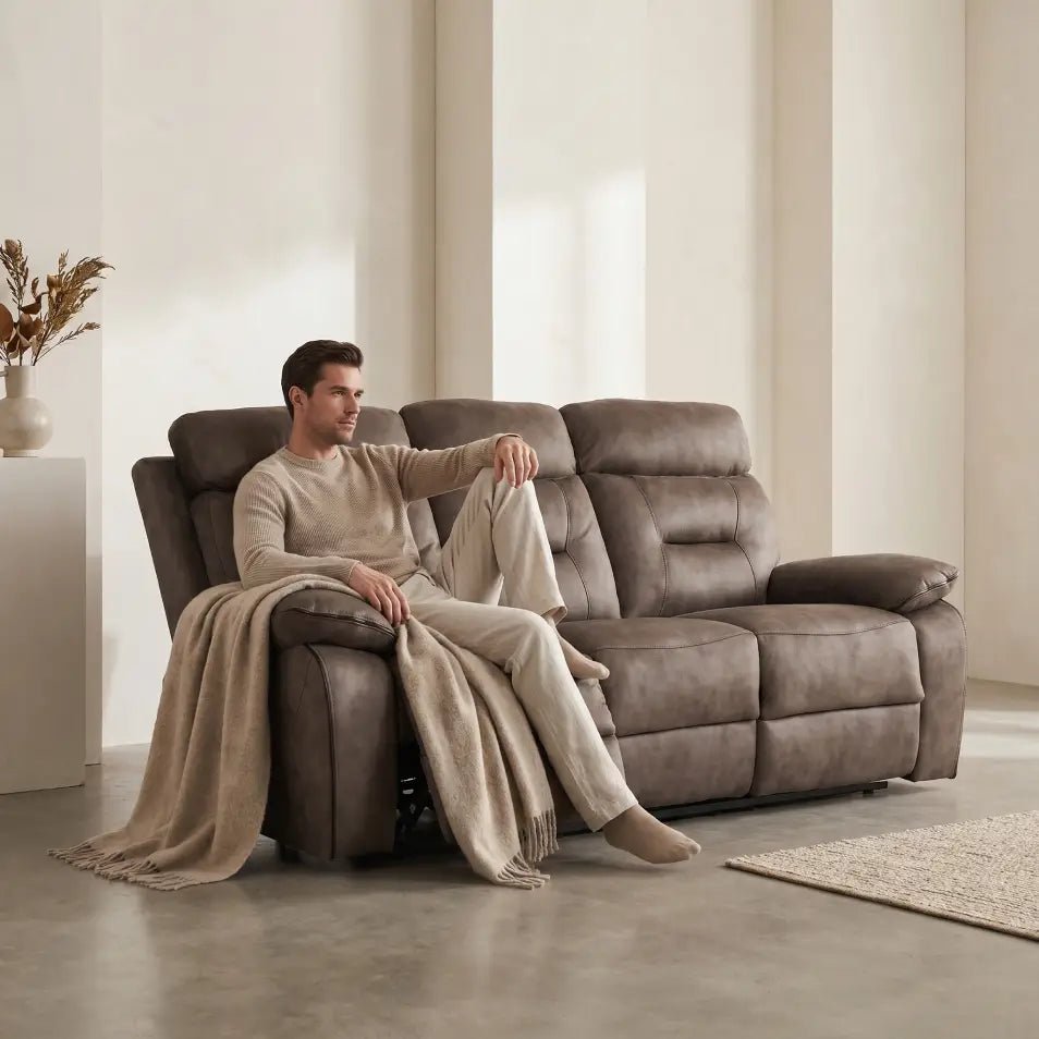 Foster Brown Fabric Electric Recliner 3 Seater Sofa - Furniture Instore