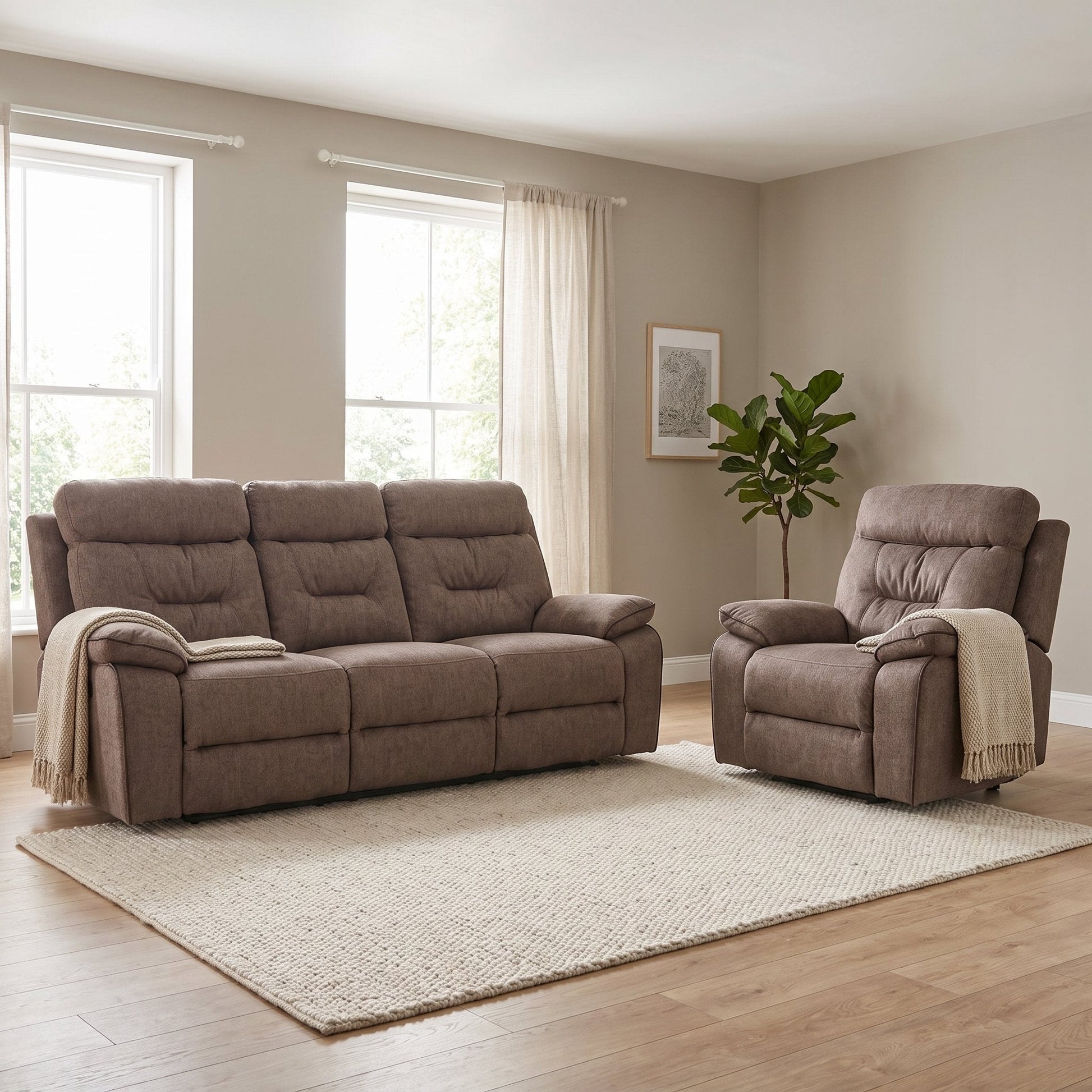 Foster Brown Fabric Electric Recliner 3+1 Seater Sofa Set - Furniture Instore
