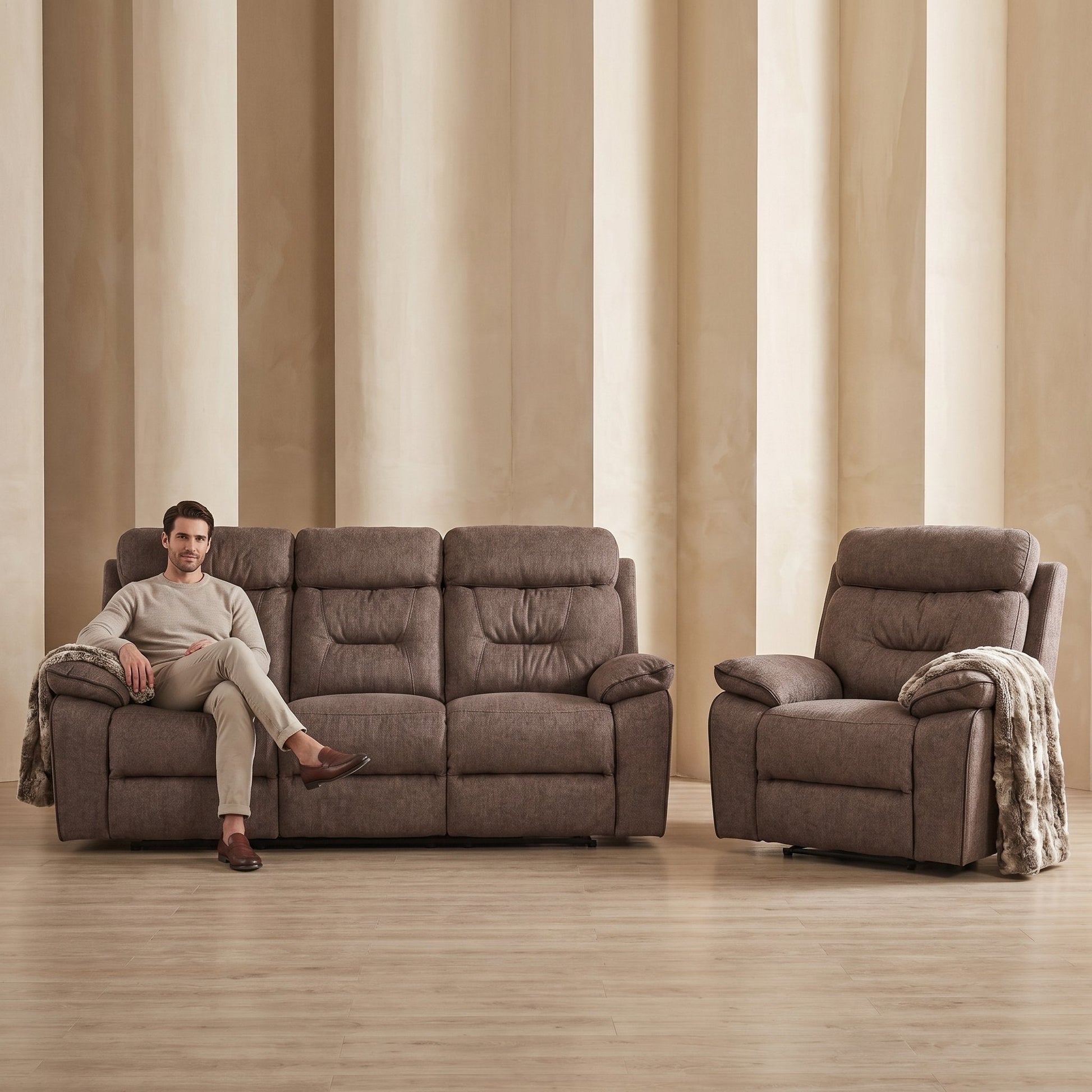 Foster Brown Fabric Electric Recliner 3+1 Seater Sofa Set - Furniture Instore