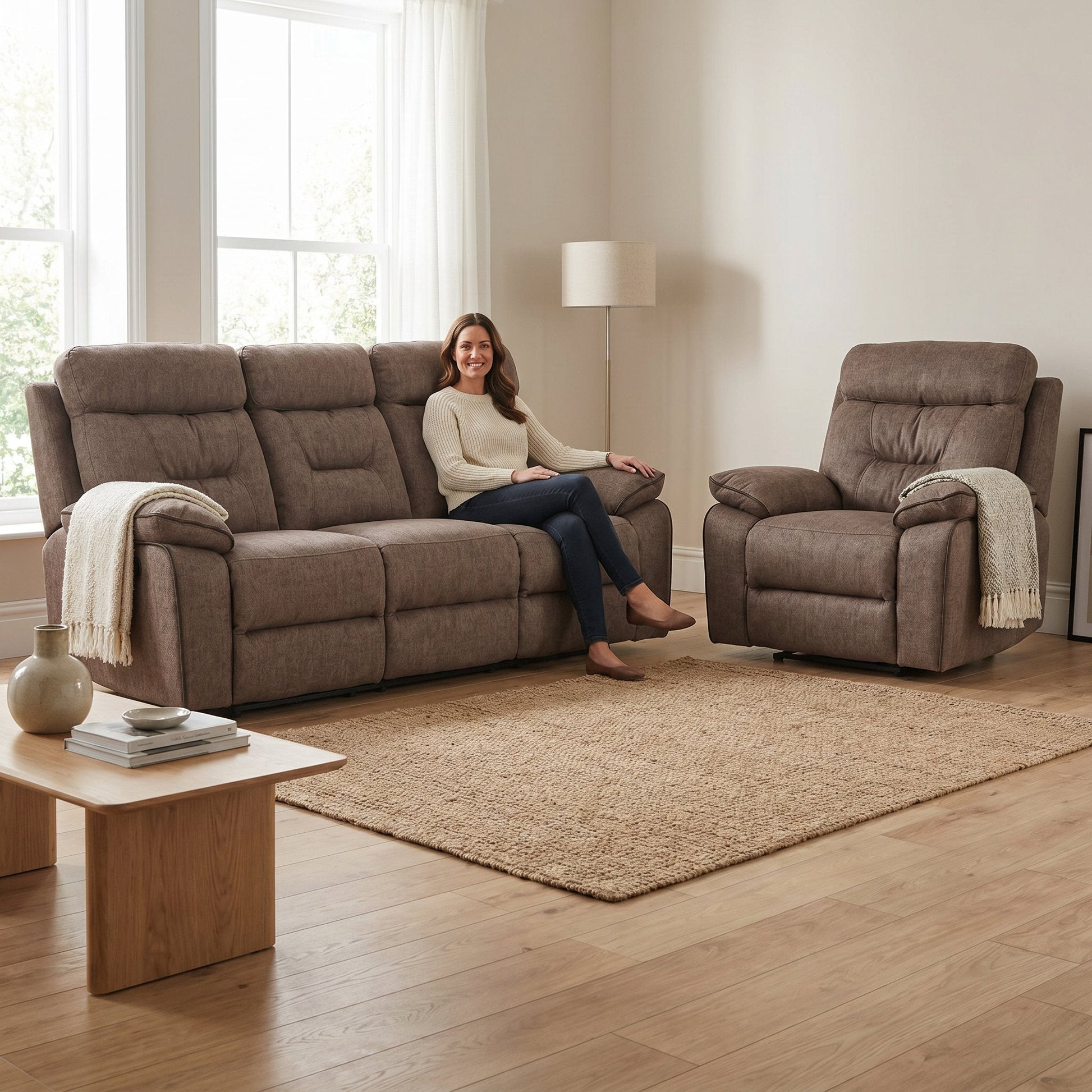 Foster Brown Fabric Electric Recliner 3+1 Seater Sofa Set - Furniture Instore