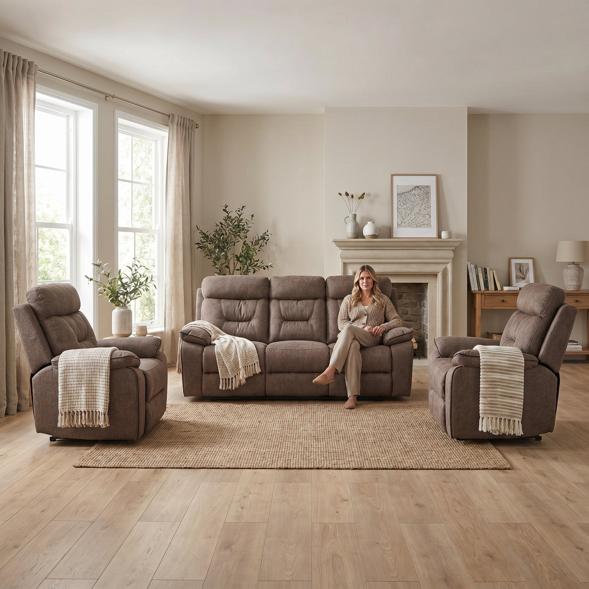 Foster Brown Fabric Electric Recliner 3+1+1 Seater Sofa Set - Furniture Instore