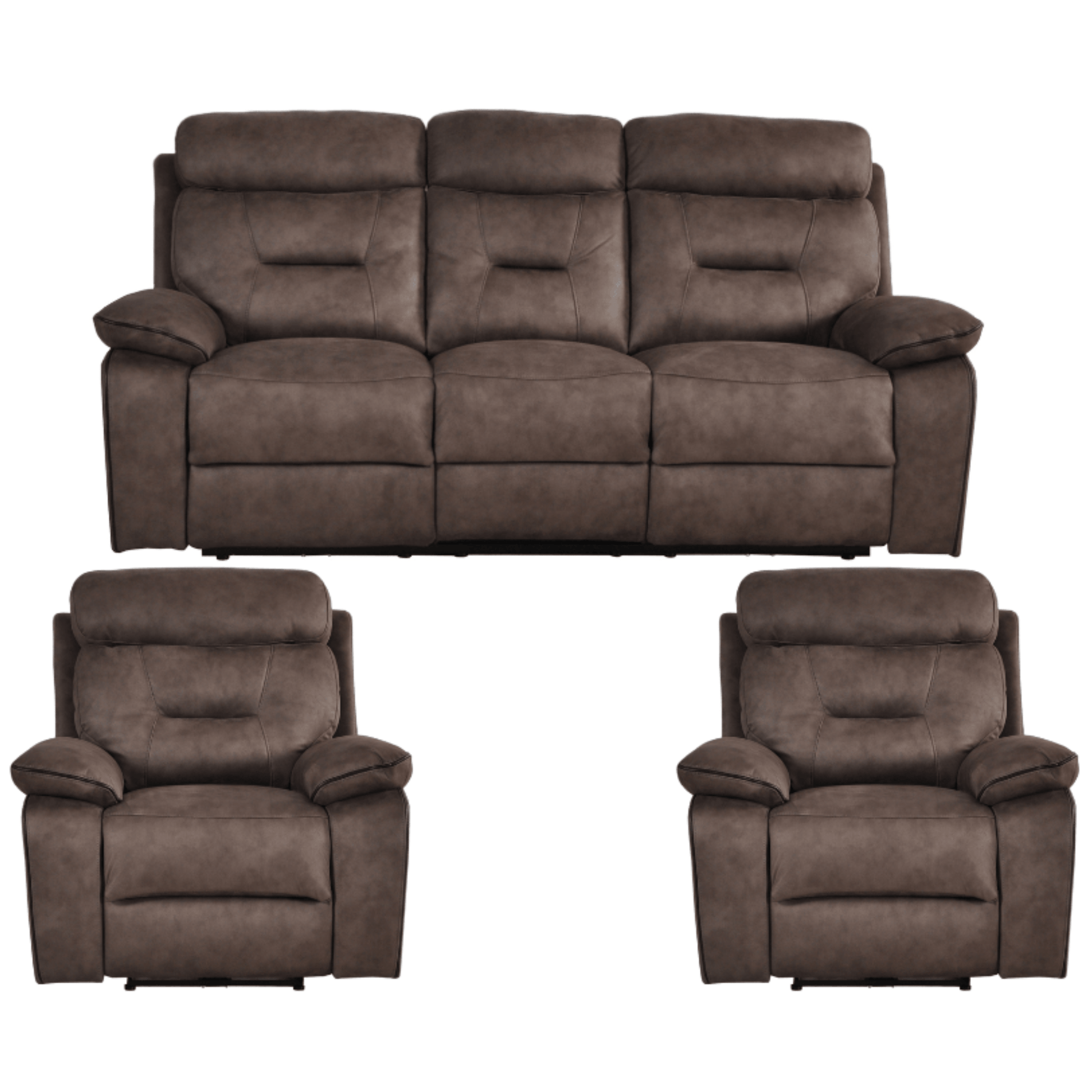 Brown leather sofa set with two recliners on a white background