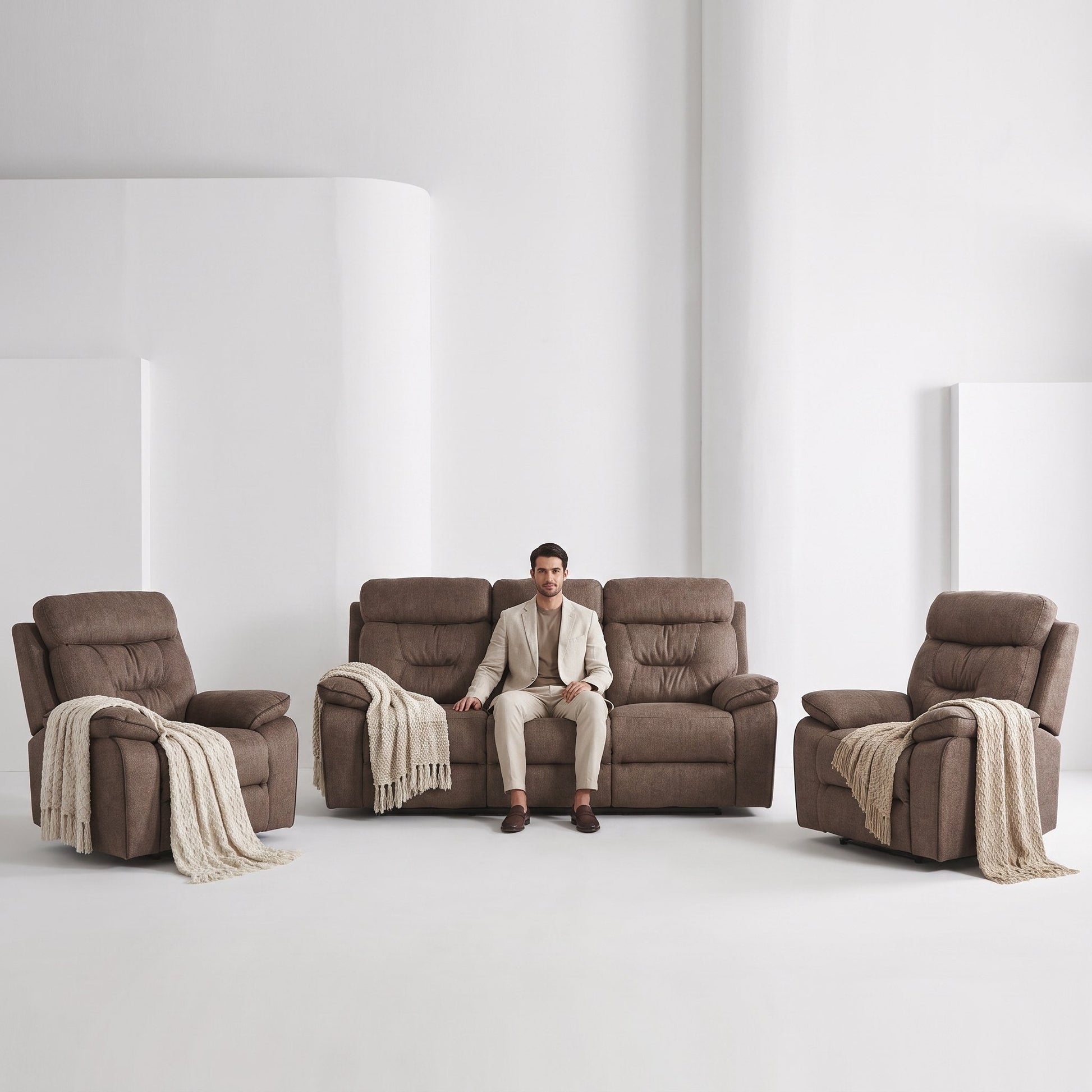 Foster Brown Fabric Electric Recliner 3+1+1 Seater Sofa Set - Furniture Instore
